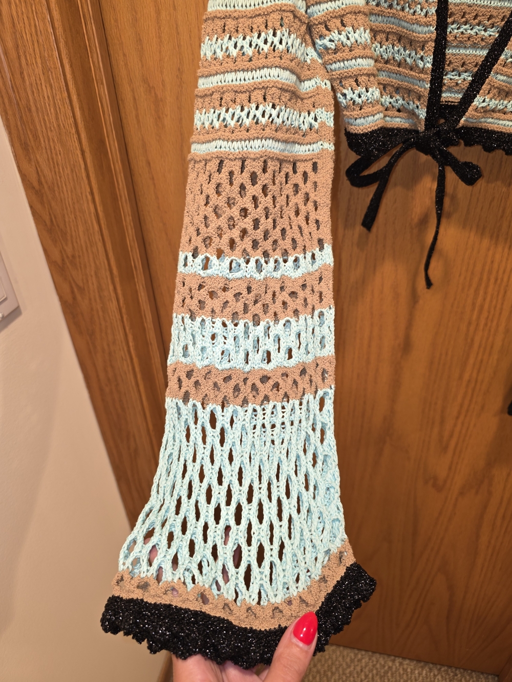 Vintage Missoni Cropped Open-Knit Tie-Front Sweater in Light Blue, Tan & Black - Picture 4 of 6